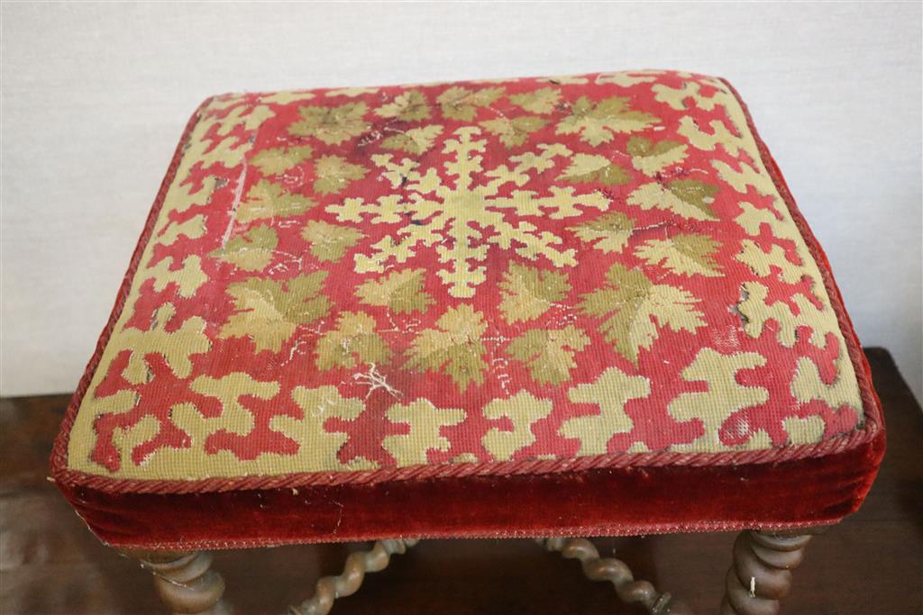 A Victorian walnut square topped tapestry upholstered stool, length 44cm, depth 42cm, height 38cm